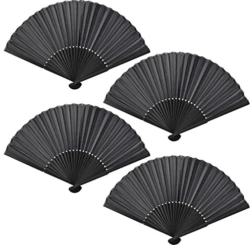Faburo 4 Stück Handheld Faltventilator Fächer, Orientalischer Bambus Fächer, Schwarz Chinesische Handfächer, Tuch Stoff Fan für Hochzeiten, Leistung, Tanz, Haus Dekorationen, Party, Sommer Geschenk
