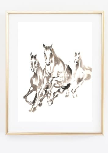 Din A4 Kunstdruck ohne Rahmen - Pferde - Pferd Herde Pferdeherde - Aquarell Tuschemalerei - Bild Druck Poster