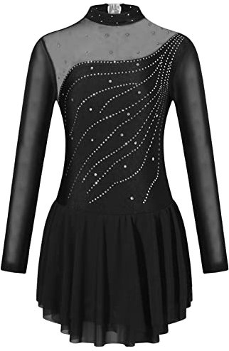 iEFiEL Mädchen Eiskunstlauf Kleid Langarm Glitzer Ballettkleid Swing Kleid Schaukel Tanzkleid Turnanzug Kinder Tanzkostüme Ze Schwarz 152