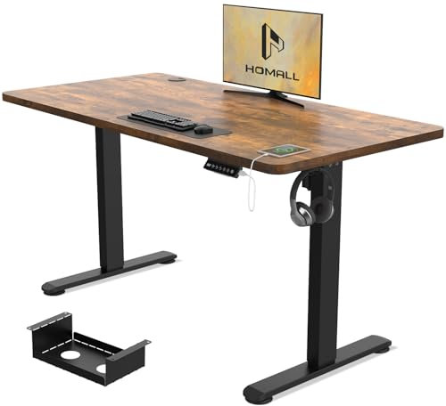 Homall Height Adjustable Electric Standing Desk 120x60cm with USB Charging Sit Stand Desk with Time Reminder Stand up 3 Memory Setting Wire Management Tray,Rustic Brown
