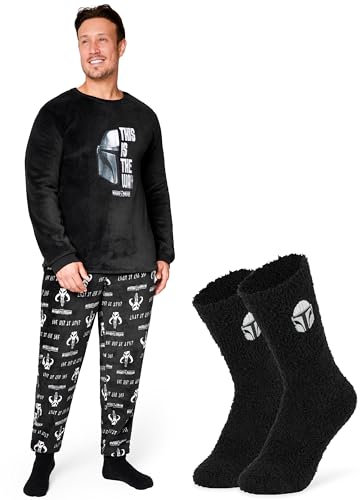 Disney Pigiama Uomo Invernale - The Mandalorian Set Pigiama Uomo Pile con Calze a Pantofola M - 2XL Regalo Natale per Uomini (Nero, L)