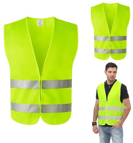 Bowfar 2er Warnwesten Auto EN ISO 20471:2013-Pannenweste Warnweste Gelb 360° Reflektierend Unfallwesten Sicherheitswesten Waschbar Universal Größe Auto, Pkw, LKW…