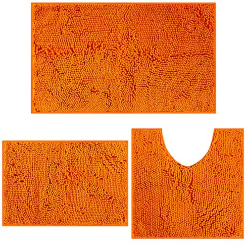 Bathroom Mat, Non Slip Bathroom Mat Sets 3 Piece, Chenille 20 * 32inch, 16 * 24inch Bath Rug and 20 * 20inch U Shape Toilet Rug, Soft and Absorbent Bath Mat Set for Bedroom(Orange)
