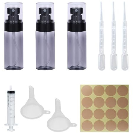 MUEEAD 3 Pcs 60ml Spray Bottle With 1 Label Sticker, 2 Pcs Funnel, 1 Pcs Syringe, 3 Pcs Dropper, Black Spray Bottle, Atomizer Spray Bottle, Plastic Mini Spray Bottle For Perfume