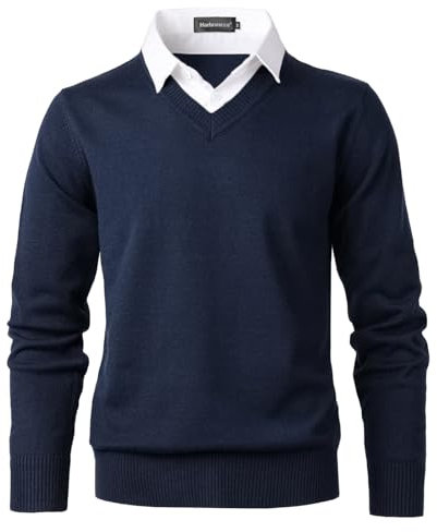 Harbrosrce Pull en Maille Fine Homme V Neck Chandail Classique avec Col de Chemise Automne Hiver Tricot Basique Pullover Uni Sweaters
