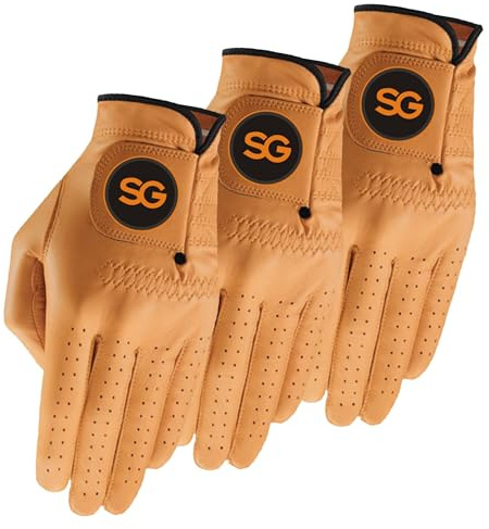 3 Stück Cabretta Leder Herren Golfhandschuhe für alle Wetterbedingungen Soft Feel Grip, Atmungsaktiv & Bequem Linksund Rechtshänder Golfer Lebendige Farben (Gold, X-Large