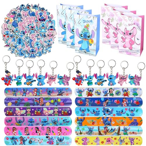 JunMallko Regalos para Fiestas de Cumpleaños, 86 Piezas Favores para Fiesta Stitch, Pulseras, Llaveros, Pegatinas y Bolsas de Regalo