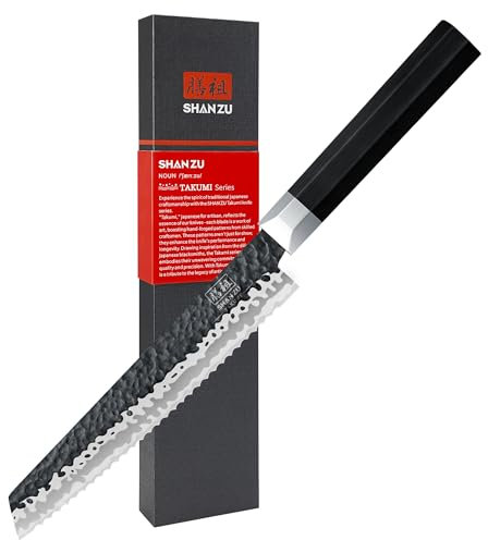 SHAN ZU Brotmesser 20cm, Japanischer 7-Schicht Stahl, 9Cr18MoV Kohlenstoffreicher Rostfreier Kern, Professionelles Brot Schneidemesser, Ultra Scharf, Achteckiger G10 Griff