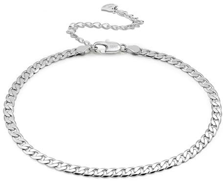 Dankadi Bracelet de Cheville en 925 Argent 3MM 4MM 4.5MM 5MM 6MM, Chaîne 27CM 30CM Chopin Torsadé Cubain Boîte Rolo Serpent Fermoir Figaro Cadeau Bijoux pour Femme