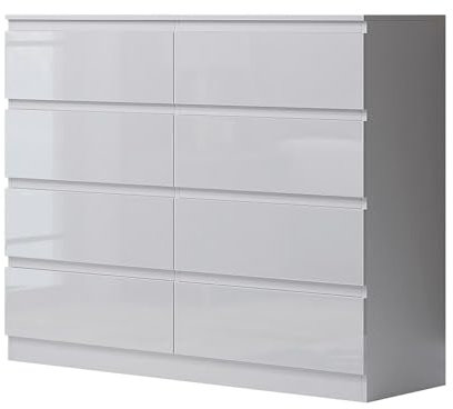 FWStyle White Gloss XL 8 Drawer Chest. Modern Bedroom Furniture Chest of Drawers. Matt with White Gloss Drawer Fronts - W110 x H99 x D40cm