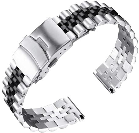 BINLUN Edelstahl Uhrenarmband Metall Uhrenarmbänder für Herren Damen Metallarmband mit Sicherheitsverschluss 18mm 20mm 22mm 24mm 26mm Armband Zwei Ton （Silber + Schwarz, 18mm