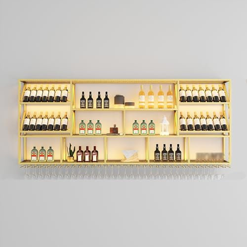Botellero montado en la pared Con luz LED,Trastero estanteria industrial Con soporte para copa de vino,Grande botellero montado en la pared,Metal soporte para vino colgante,cocina, restaurante(Gold,20