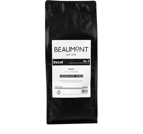 Beaumont No.4 Grind Coffee Roasted Beans Decaf Espresso 1kg - Flavour Notes: Cocoa, Caramel, Praline HS536