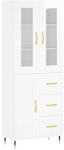 Modernes Sideboard aus grauem Kiefernholz und Eichenholz, mit weißem Glanz-Sperrholz-Finish, 69,5 cm breit, stilvoller Wohnzimmerschrank für Küche, platzsparende Schubladen und Schrankschränke