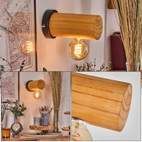 HOFSTEIN Wandleuchte Argea, Wandlampe aus Metall/Holz in Schwarz/Naturfarben, moderne Leuchte aus Holz, 1 x E27, Wohnzimmer, Schlafzimmer, Küche, Flur, Treppenhaus