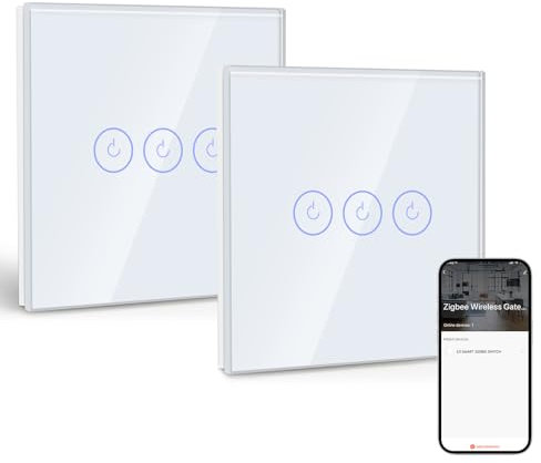 BSEED Smart ZigBee Interruptor 3 Gang 2 Vías, Interruptor de Pared Inteligente con Alexa y Google Home, Interruptor Táctil (Cable Neutro, Hub Gateway necesario) Blanco