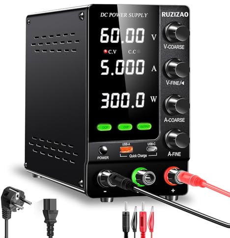RUZIZAO Fuente de Alimentación Regulable 60V 5A Alimentación de Laboratorio con OCP/OVP/Output/Codificadores/18W USB de Carga Rápida, Fuente de Alimentacion de Banco para Pruebas/Carga de Baterías