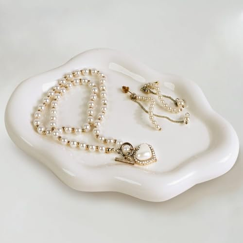 Ceramic Jewelry Tray-White Cloud Trinket Dish Tray Jewellery Dish for Rings, Watches & Keys, Cosmetic Holder for Nightstand Decor Entryway Table, Birthday Gift for Wife/Mother/Daughter/Friends