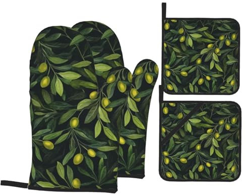 4 Pcs Green Branch Olive Oven Mitts and Potholders,Kitchen Oven Glove with Pot Holders,Non-Slip Gloves High Heat Resistant 500 Degree for BBQ, Grill, Baking, Cooking, Oven, Microwave