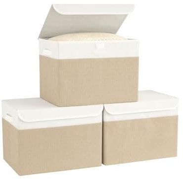 Bagnizer Fabric Storage Boxes with Lids & Handles 3PCS Collapsible Storage Basket Bins for Clothes Toy Small Storage Box Folding for Wardrobe Bedroom Office White&Beige 25x20x15CM
