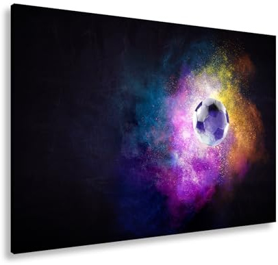 deyoli Leinwandbild Farbenexplosion trifft Fußball – ein Spiel wie aus dem Kosmos. Format: 120x80cm XXL Kunstdruck Bild auf Keilrahmen/Wandbild/Wohnzimmer Dekoration