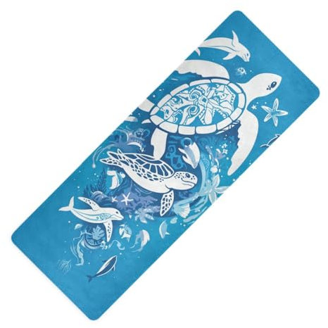 Yogamatte, Motiv: Schildkröte, Delfinblau, bedruckt, 1 mm, für Fitnessstudio, rutschfest, mit Yogamatten-Tasche, 180,3 x 66 cm