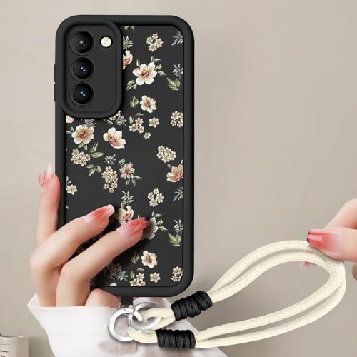 AICISINGN Coque de protection pour Samsung Galaxy S22 Plus, avec cordon de serrage, motif floral esthétique, avec cordon de suspension, 02