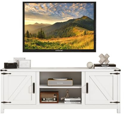 Panana Modern TV Unit with 2 Barn Doors TV Stand Cabinet and Open Shelves for TVs up to 65 inch, 146x38x60cm, for Living Room Bedroom (White)