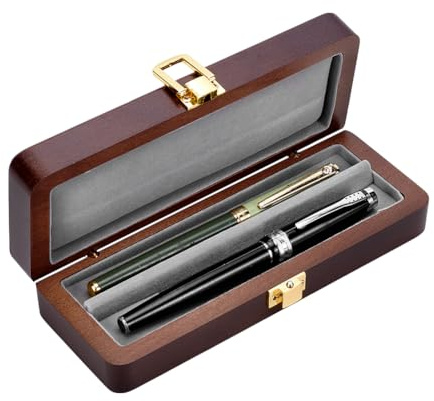 BENECREAT 2Slots Fountain Pen Collector Organizer, Rectangle Wood Pen Packing Boxes with Alloy Clasps and Velvet Inside for Ballpoint, 1.9x6.2inch(4.9x15.8cm)
