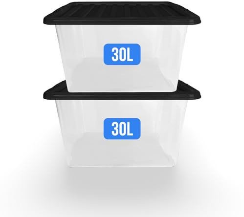KAPCO Stackable Storage Boxes with Lids (30L, 2-Pack) | Clear Plastic Containers for Toys, Clothes, Shoes | Heavy-Duty Tub for Home, Office, Garage, Loft Storage Solution | Secure Snap-On Black Lid