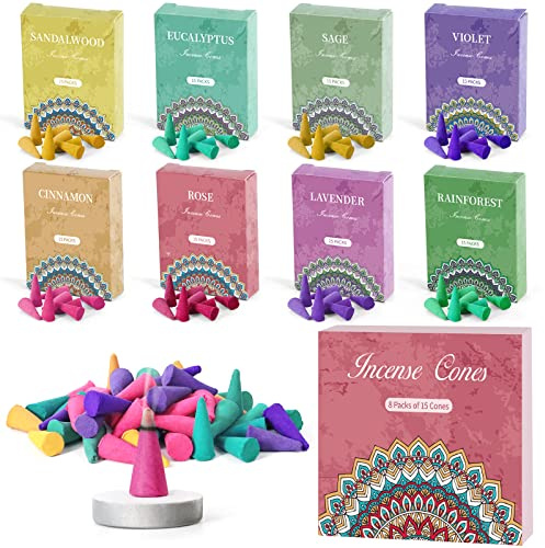 Scent-Hi 120 Incense Cones with Holder, 8 Pack Mixed Scents Gift Set | 8 Scents: Rose, Sage,Lavender, Violet, Cinnamon, Eucalyptus, Sandalwood, Rain Forest Incense Cones for Home, Yoga, Meditation