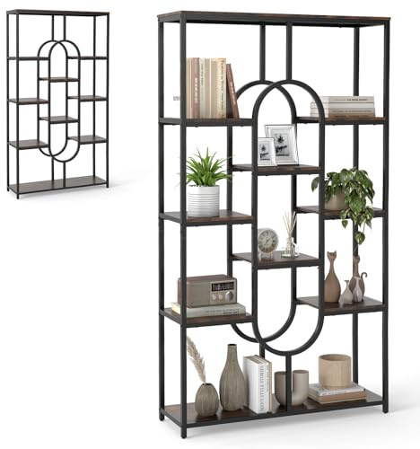 HOMASIS Bücherregal mit 5 Ebenen, Standregal aus Metallrahmen & Holz, industrielles Aufbewahrungsregal bis zu 120 kg tragen, Regal Büroregal für Wohnzimmer, Arbeitszimmer, Büro (Braun, Oval)