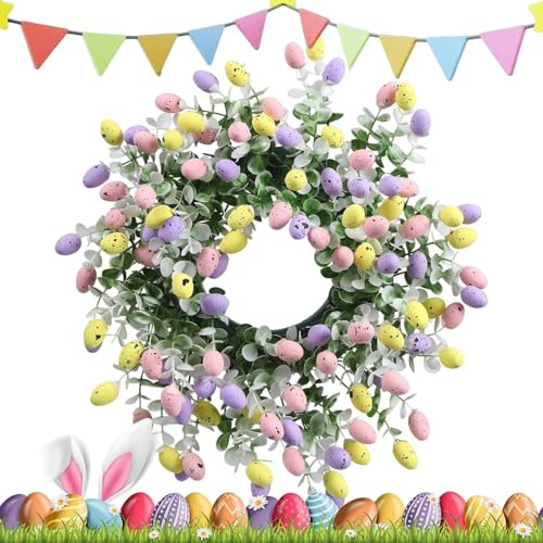 Osterkranz Für Die Haustür | 38 cm Künstlicher Ostereierkranz | Dekorative Mehrzweckgirlande | Künstlicher Frühling Mit Eiern | Weihnachtskränze Mit Buntem Ei Für Die Haustür, Wandfenster