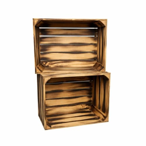 BAS Holzkisten Groß Geflammt 2er Set Obstkisten Holz, Weinkisten 50x40x30