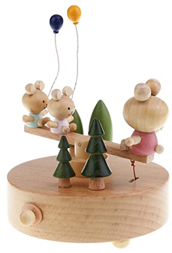 DuskHaven Holzspieluhr Handgefertigtes Holzhandwerk Musikkiste Ballettmädchen Europäische Burg mit Drehmechanik für Kinder Schlafzimmer Geschenk Wohnz, Bär Wippe