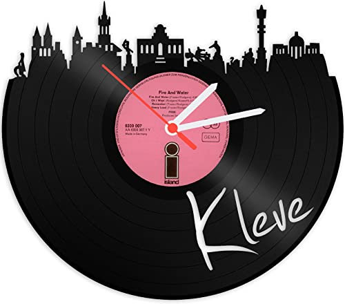 GRAVURZEILE Schallplattenuhr - Skyline Kleve - Wanduhr aus gegossenem Vinyl mit Stadt Skyline 30 cm - Upcycling Design-Uhr Wand-Deko Vintage Wand-Dekoration Retro-Uhr - Made in Germany