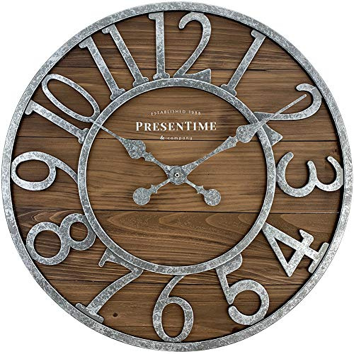 Presentime & Co Vintage-Bauernhaus-Serie, verzinkte, rustikale Scheunenholzuhr, 49,5 cm, verzinkte Oberfläche, arabische Ziffern mit verwittertem natürlichem Scheunenholz,