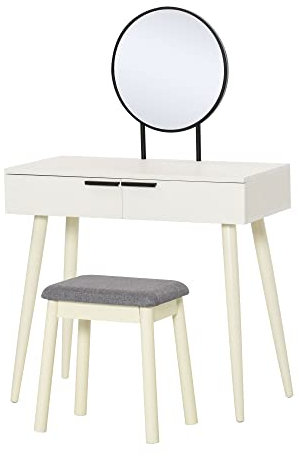 HOMCOM Dressing Table with Mirror and Stool, Vanity Makeup Desk Set with 2 Drawers, Cushioned Stool and Make-up Organiser for Bedroom and Dressing Room, 80 x 40 x 123 cm, White