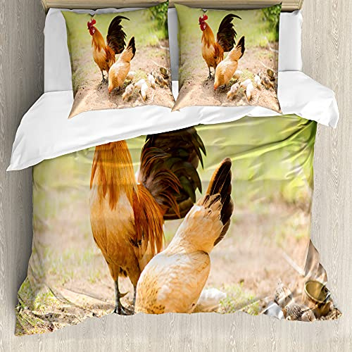 ABAKUHAUS Henne und Küken Bettwäsche Set für Doppelbetten, Huhn-Familien-Foto, Weicher Microfaserstoff Allegigeignet kein Verblassen,Braun Grün