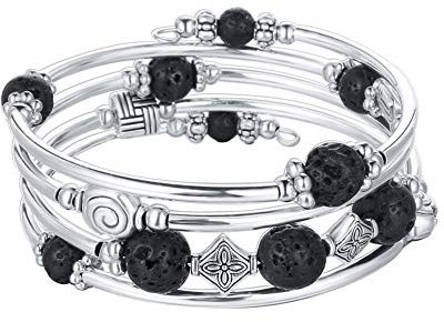Bulinlin Damen Wickelarmband mit Achat Stein Silber Mehrschichtiges Perlen Armbänder Geburtstags Modeschmuck Geschenk für Frauen(09-Lava Black)