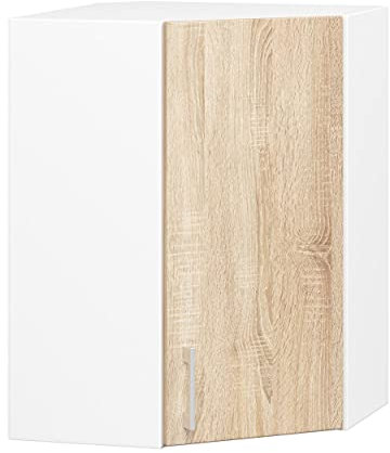 ADGO Lima Eckschrank, Eckküchenschrank Wand-Küchenschrank mit Türen, Hängeschrank, Wandschrank, Medizinschrank, Schrank mit Griffen, Silbergriffe, Silber Griffe, Weiß/Sonoma Eiche (W60/60N 580)