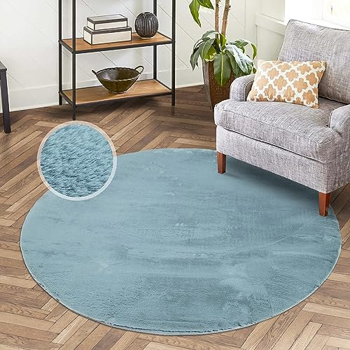 carpet city Hochflor Teppich Wohnzimmer - Einfarbig Blau - 160x160 cm Rund - Super Soft Polyester, Samtig-Flauschiger Flor - Fell-Teppiche für Schlafzimmer, Esszimmer, Arbeitszimmer