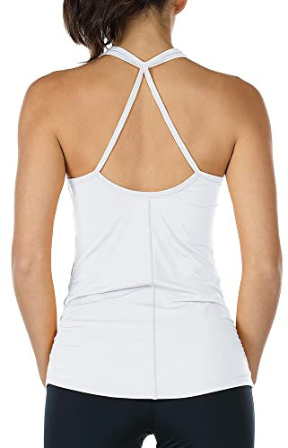 icyzone Damen Sport Yoga Tank Top - Fitness Gym Ärmelloses Shirt Trainings Top (L, White)