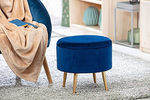Dmora Runder Container-Pouf aus blauem Samt und Struktur aus goldfarben lackiertem Metall, 41x41x38 cm