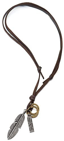 COOLSTEELANDBEYOND Retro-Stil Gealtertes Silber Feder Anhänger Herren Damen Halskette mit Verstellbaren Braun Lederband