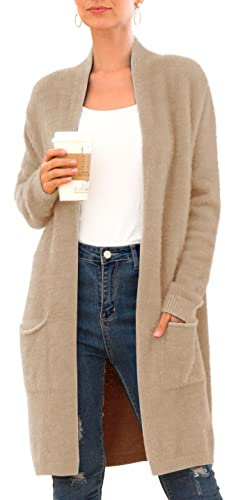 IWOLLENCE Womans Long Boyfriend Cardigan Jumpers Thick Fuzzy Fluffy Knit Sweater Tops for Ladies UK Women's Cardigans (Khaki, L)