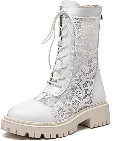 WOkismD Stivali da Donna a metà Polpaccio in Pizzo con Plateau Stivali da Combattimento con Tacco Basso e Piatto con Lacci Cerniera Posteriore Stivaletti alla Moda Scarpe da Ballo per Feste,Bianca,45