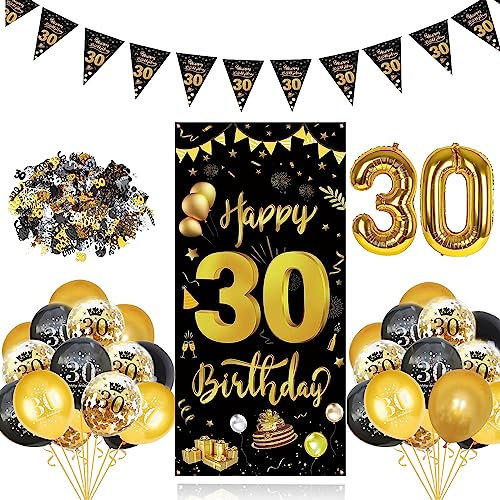 GoldRock 32 Stück 30 Geburtstag Deko Schwarz Gold Set, 30 Geburtstag Männer,Deko 30 Geburtstag Frauen,Luftballons 30. Geburtstag,Folienballons 30 Jahre,30er Geburtstag Mann Banner,Konfetti,Wimpelkette