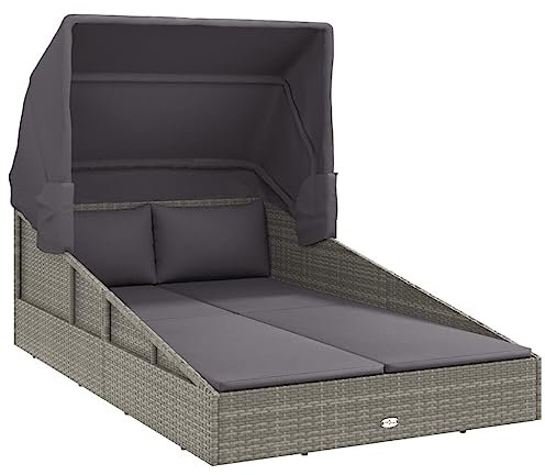 vidaXL Sonnenliege, Gartenliege mit Kissen Faltdach, Liegestuhl Liege für Pool Garten Terrasse, Relaxliege Strandliege Gartenmöbel, Grau Poly Rattan