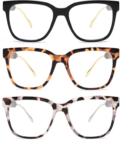 JM 3 Pack Klassische Quadratische Lesebrille für Damen Herren, Mode übergroße Blaulichtfilter Brille mit Sehstärke +4.0
